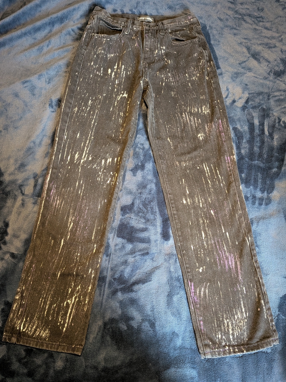 Fashion Nova Women’s Black Silver/Purple Metallic Straight Jeans Mid Rise Size 7